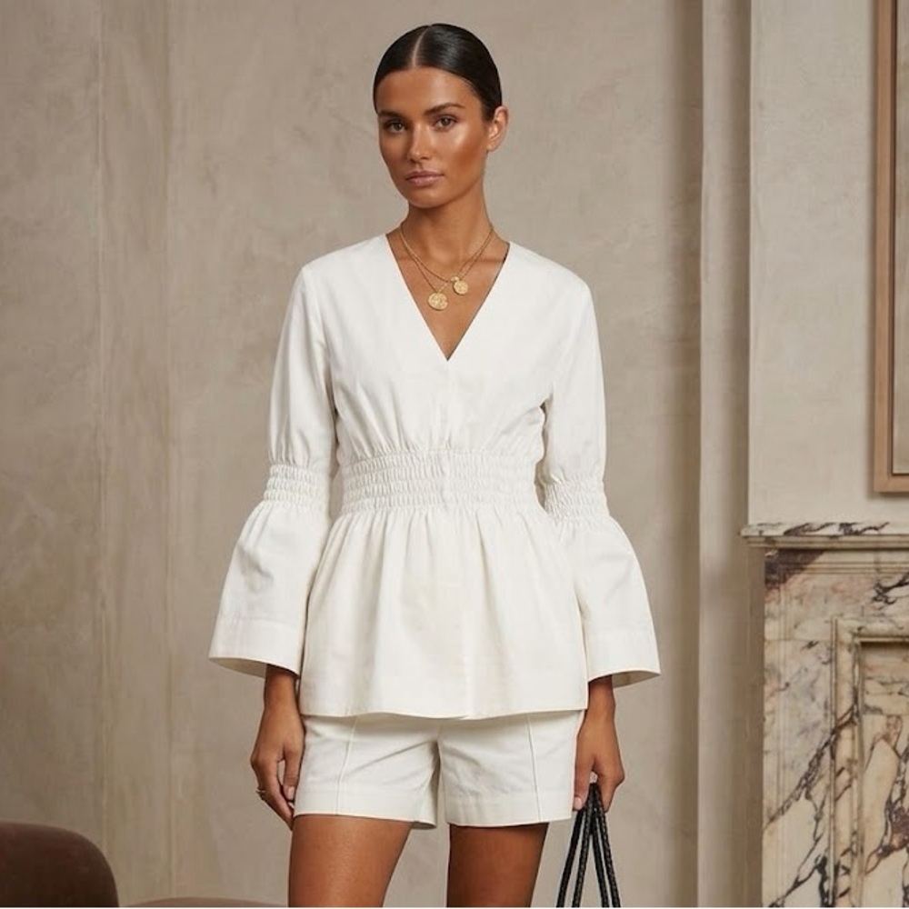 Merlette New York Norfolk Collarless Smocked Cotton-twill Jacket Ivory White XL
